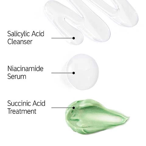 Image 1, swatches of salicylic acid cleasner, niacinamide serum, sccuinic acid. Image 2, step 1 = salicylic acid cleanser removed makeup and dirt, while helping to reduce blackheads and breakouts. step 2 = niacinamide serum reduces excess oil, blemishes and redness. step 3 = succinic acid treatment clears blemishes fast, reduces inflammation and prevents clogged pores.