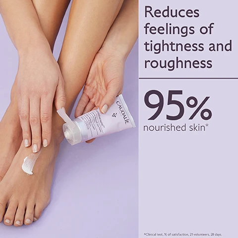 Image 1 - A person applying cream to their foot with visible text stating reduces feelings of tightness and roughness and 95% nourished skin.
              Image 2 - A partially squeezed tube of Caudalie moisturizer lies on a light purple surface, with text indicating the benefits of Hyaluronic Acid, Shea Butter, and Red Vine, which are smoothing, nourishing, and helpful for heavy legs, respectively.
              Image 3 - Five skincare products arranged on a light purple background, labeled with steps: Step 1 states Hyaluronic Nourishing Body Lotion, Step 2 is Replenishing Vegan Body Butter, and Step 3 is Foot Beauty Cream, with a focus on product design and ingredients.
