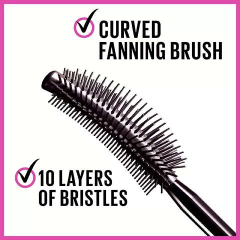 Image 1, shows the curved fanning brush with 10 layers of bristles. Image 2, Limitless length, full volume