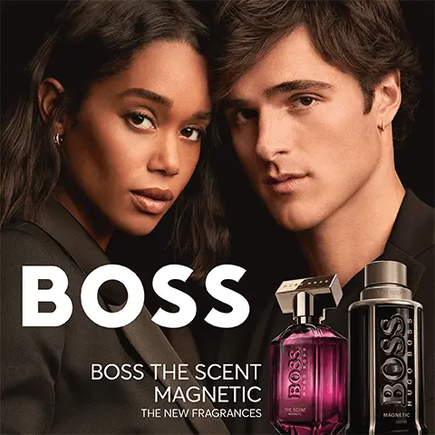 Image 1, BOSS: Boss the scent magnetic, the new fragrances. Image 2, BOSS the scent comparaison chart: Eau de toilette sensual and captivating, eau de parfum attractive and exhilarating, parfum intense and addictive