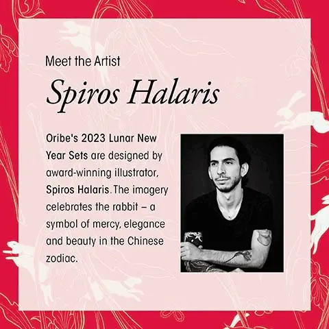 Image 1, meet the artist, spiros halaris. oribe's 2023 lunar new year sets are designed by award-winning illustrator Spiros Halaris. the imagery celebrate the rabbit - a symbol of mercy, elegance and beauty in the chinese zodiac. Image 2, sustainable packaging = all the paper based packaging is fully recyclable and made from materials certified by the forest stewardship council. please reuse or recycle.