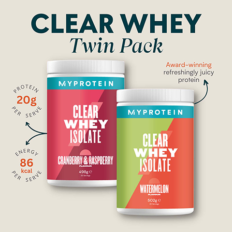 clear whey twin pack. Proteinper serve - 20g. 86 kcal energy per serve. Award winning refreshinly juicy protein