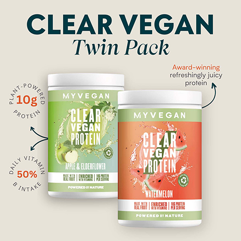 clear whey twin pack. Plant powered protein 10g. daily vitamin B intake - 50% Award winning refreshinly juicy protein