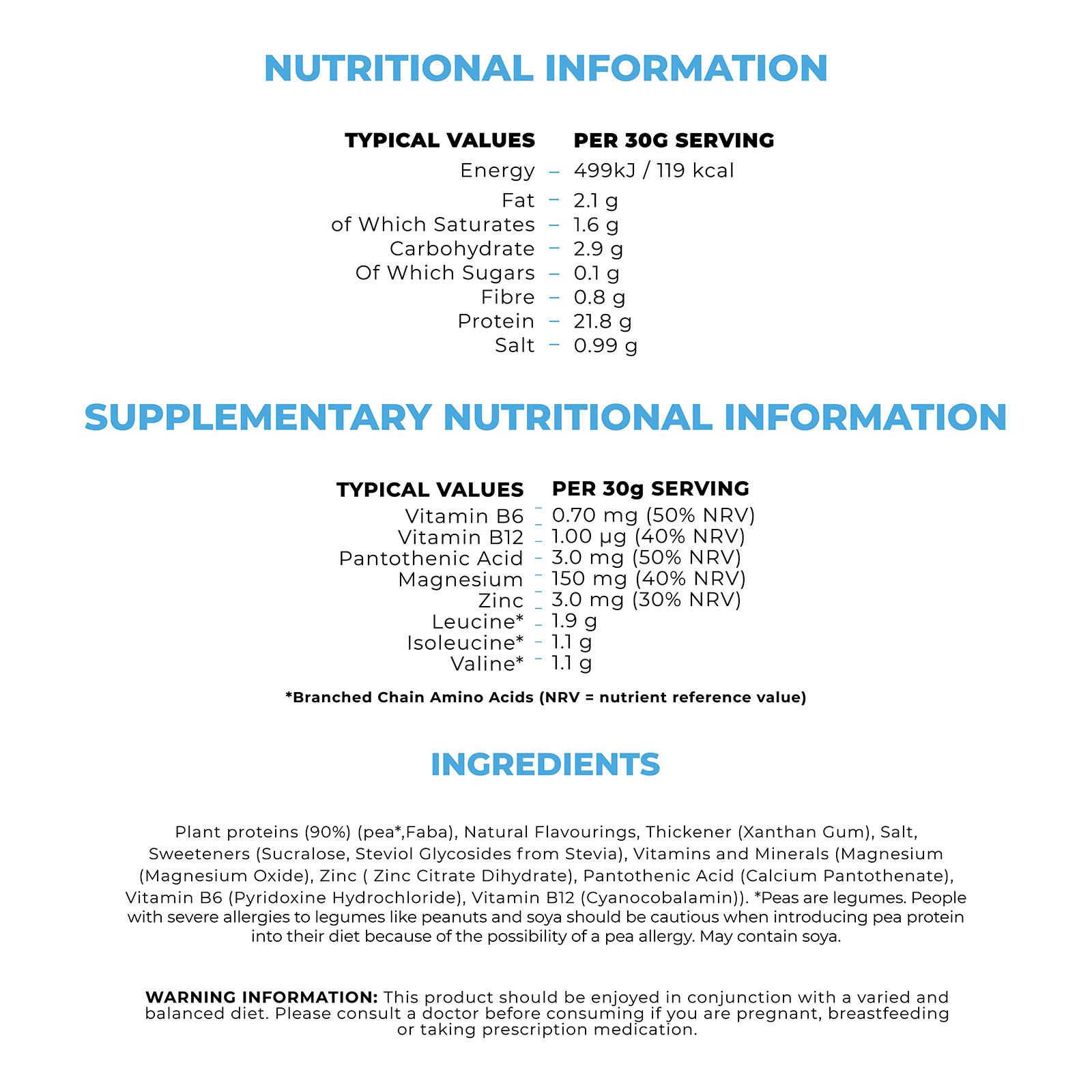 NUTRITIONAL INFORMATION TYPICAL VALUES PER 30G SERVING Energy 499kJ/119 kcal Fat 2.1 g Of Which Sugars - 0.1 g Fibre 0.8 g Protein 21.8 g Salt 0.99 g of Which Saturates Carbohydrate SUPPLEMENTARY NUTRITIONAL INFORMATION TYPICAL VALUES PER 30g SERVING Vitamin B6 0.70 mg (50% NRV)Vitamin B12 - 1.00 µg (40% NRV) Pantothenic Acid - 3.0 mg (50% NRV) Magnesium 150 mg (40% NRV) Zinc
                          Leucine 3.0 mg (30% NRV) 1.9 g Isoleucine 1.1 g Valine 1.1 g Branched Chain Amino Acids (NRV = nutrient reference value) INGREDIENTS
                          Plant proteins (90%) (pea, Faba), Natural Flavourings, Thickener (Xanthan Gum), Salt, Sweeteners (Sucralose, Steviol Glycosides from Stevia), Vitamins and Minerals (Magnesium (Magnesium Oxide), Zinc (Zinc Citrate Dihydrate), Pantothenic Acid (Calcium Pantothenate), Vitamin B6 (Pyridoxine Hydrochloride), Vitamin B12 (Cyanocobalamin)). *Peas are legumes. People with severe allergies to legumes like peanuts and soya should be cautious when introducing pea protein into their diet because of the possibility of a pea allergy. May contain soya. WARNING INFORMATION: This product should be enjoyed in conjunction with a varied and balanced diet. Please consult a doctor before consuming if you are pregnant, breastfeeding or taking prescription medication.