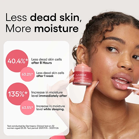 Image 1 - A woman with natural makeup and glossy lips applies a pink lip product from a small jar with a spatula, shown alongside a graphic with the text Less dead skin, More moisture, and clinical results: 40.4%* Less dead skin cells after 8 Hours, 63.2%* Less dead skin cells after 1 week, 135%* Increase in moisture level immediately after, 63.5%* Increase in moisture level while sleeping, referencing LANEIGE LIP SLEEPING MASK MASQUE DE NUIT POUR LES LEVRES BERRY FRUITS ROUGES Net wt. 0.70 oz. / Poids net 20 g, with the note Test conducted by Dermapro. Clinical test on 32 women aged 25-35. Test period: 2021.11.15 - 2021.11.26. Image 2 - A pink Laneige Lip Sleeping Mask jar with a red lid is displayed with a strawberry beside it and a pile of mixed berries (raspberry, blackberry, blueberry) on top, accompanied by text that reads A nourishing overnight lip mask that gently exfoliates and softens while you sleep, Coconut Oil To Nourish, Berry Fruit Complex™ and Vitamin C for antioxidant-rich care, and on the jar LANEIGE LIP SLEEPING MASK MASQUE DE NUIT POUR LES LÈVRES BERRY FRUITS ROUGES Net wt. 0.70 oz. / Poids net 20 g. Image 3 - An image featuring four jars of Laneige Lip Sleeping Mask in purple (Gummy Bear), red (Berry), light orange (Vanilla), and pink (Sweet Candy) stacked on a white background, with the text Goodnight, Chapped Lips. and three buttons labeled Hydrate, Nourish, Soften.