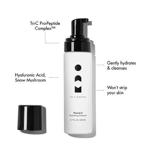 Tri-c pro peptide complex, hyaluronic acod, snow mushroom, gently hydrates and cleanses, wont strip your skin
