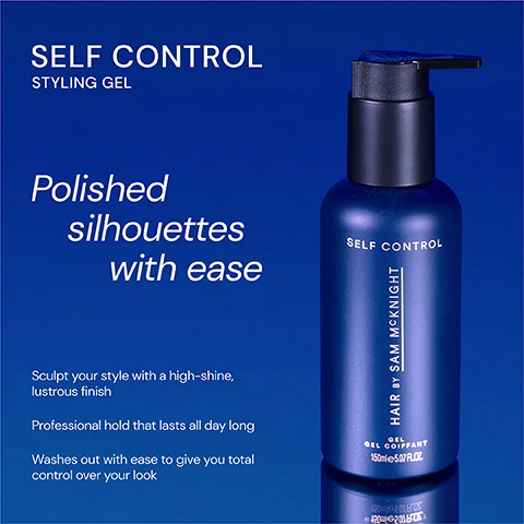 Image 1 - A blue bottle of styling gel with a pump top labeled SELF CONTROL STYLING GEL, featuring text that reads Polished silhouettes with ease, Sculpt your style with a high-shine, lustrous finish, Professional hold that lasts all day long, and Washes out with ease to give you total control over your style.
              Image 2 - A dark blue pump bottle of Self Control Gel with visible text including five-star ratings and three customer reviews about the products effectiveness and scent.