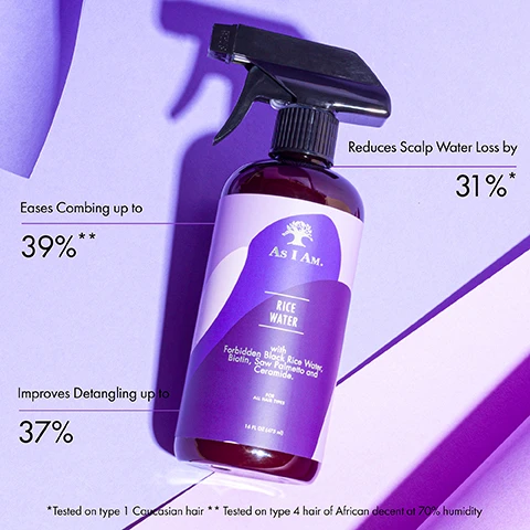 Image 1 - A bottle of As I Am Rice Water spray is displayed on a light purple background, with text indicating Reduces Scalp Water Loss by 31%, Eases Combing up to 39%, and Improves Detangling up to 37%, along with additional details about the products ingredients and testing.
              Image 2 - A bottle of As I Am Rice Water hair product, prominently displayed with water droplets on the surface, features text highlighting its benefits: strengthens hair up to 30%, moisturizes hair up to 36%, moisturizes scalp up to 55%, with ingredients including forbidden black rice water, biotin, saw palmetto, and ceramide.
              Image 3 - A spray bottle labeled As I Am Rice Water is shown on a purple background, featuring benefits such as eases combing up to 39%, improves detangling up to 37%, and reduces scalp water loss by 31%, with text noting it is tested on type 1 Caucasian and type 4 hair.