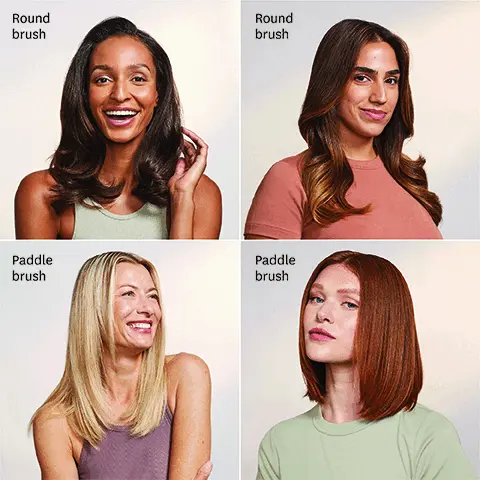 Image 1-5: Model shots using different styling brushes. Image 6, swap set style. choose your brush, pick your style paddle brush and round brush. Image 7, change up your blowout, 5 heat and 3 speed settings deliver 15 styling combinations for every hair type. Image 8, smooth out frizz and enhance shine from root to tip with the paddle brush. Image 9, T3 ionflow technology delivers controlled heat for polished frizz-free results. Image 10, smooth grip bristles deliver just the right tension for complete styling control. Image 12, interchangeable locking mechanism to easily swape and style. Image 12, Achieve bold, volumious looks with the round brush.