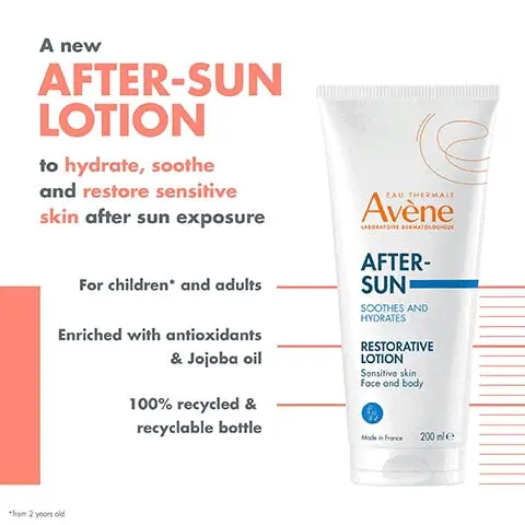 Image 1, a new after sun lotion, to hydrate, soothe and restore sensitive skin after sun exposure, for children and adults, enriched with antioxidants and jojoba oil, 100% recycled and recylable bottle. Image 2, 98% natural origin ingredients, up 48 hour hydration. Image 3, creamy melting texture, instant freshness, calms the skin. Image 4, 1 = protect the face spf creamm 50+, protect the body spray on spf 50+, soothe avene thermal spring water spray. 4 = hydrate and restore after sun lotion.
