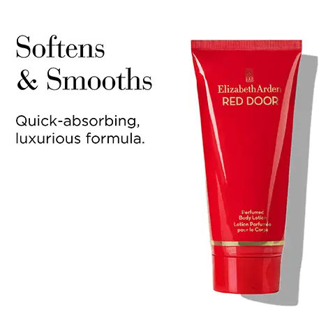 Image 1, softens and smooths, quick absorbing luxurious formula. Image 2, red door routine, 1 = cleanse shower gel, red door bath and shower gel. 2 = layer lotion, red door perfumed body lotion. 3 = spritz EDT, red door eau de toilette spray.