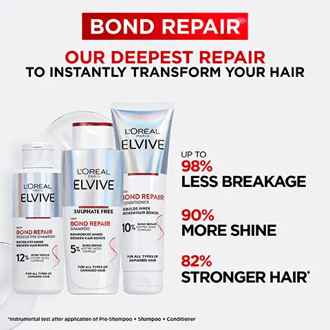 Image 1, bond repair, our deepest repair to instantly transform your hair, up to 98% less breakage, 90% more shine, 82% stronger hair. Image 2, before and bonded with no retouch. for all types of damaged hair - breakage, split ends, frixx, dryness and dullness. Image 3, bond repair, citric acid complex. broken inner bonds before and repaired bonds after. Image 4, how to use pre shampoo treatment. the most important step of the routine. apply to wet hair before shampooing. for optimal results leave on for 5 minutes, rinse and follow with bond repair shampoo and conditioner, use once a week.