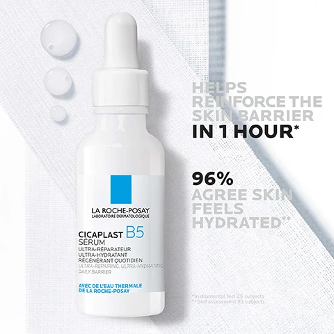 Image 1 - Image shows a white serum dropper bottle labeled LA ROCHE-POSAY CICALPLAST B5 SÉRUM featuring a blue square logo, with a background of light textures and droplets, including the text HELPS REINFORCE THE SKIN BARRIER IN 1 HOUR* and 96% AGREE SKIN FEELS HYDRATED**.
              Image 2 - Image of La Roche-Posay skincare products on a white tray, featuring a tube of Cicaplast Baume B5+ and a dropper bottle of Cicaplast B5 Serum, with the text SKIN TYPES: SENSITIVE SKIN, ALL SKIN TYPES; BENEFITS: REINFORCE SKIN BARRIER, ULTRA-HYDRATING, SOOTHING.
              Image 3 - A close-up of a persons face is shown on the left side, partially obscured by a translucent layer, with blue background text that reads APPLY EVERY MORNING AND NIGHT.
              Image 4 - Image shows three skincare products from La Roche-Posay: a bottle of Cicaplast B5 Lavant, a bottle of Cicaplast B5 Serum, and a bottle of Anthelios Age Correct SPF 50, with the numbers 1, 2, and 3 displayed above each product. Visible text includes Cicaplast B5 Lavant, Cicaplast B5 Serum, and Anthelios Age Correct Photocorrection Quotidien Daily.
              Image 5 - A persons gloved hand holds a dropper bottle of La Roche-Posay Cicaplast B5 Serum, with text indicating it is the number one dermatologist recommended brand in the UK.
              Image 6 - Close-up of abstract cells with droplets on a blurred blue background, featuring the text Vitamin B5 helps to reinforce skin barrier.
              Image 7 - A close-up of a persons face showing a hand applying a clear skincare product to the cheek, with the words reinforcing skin barrier, ultra-hydrating, and soothing displayed around the image.