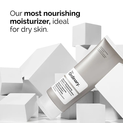 Image 1 - A tube of The Ordinary moisturizer is tilted against a white geometric backdrop, with the text stating our most nourishing moisturizer, ideal for dry skin.
              Image 2 - A woman applying cream to her face with a gentle smile, alongside the text that says Apply a small amount to the face in the morning and evening.
              Image 3 - Close-up of a smooth, white creamy texture with the text Rich cream texture.
              Image 4 - A smooth, white cream swipe is displayed with accompanying text stating Boosts skin hydration by 68% and Independent efficacy study performed on 30 individuals over an 8 hour period.
              Image 5 - Image shows three rows of skincare products with different textures: the top row labeled PREP includes creamy cleansers and toners, the middle row labeled TREAT features water-based serums, eye serums, anhydrous solutions, and oils, and the bottom row labeled SEAL displays suspensions, moisturizers, and SPF, with the word Moisturizers highlighted.