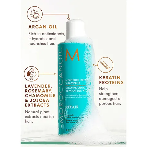 Argan Oil, Rich in antioxidants, it hydrates and nourishes hair. Lavender, Rosemary, Chamomile and Jojoba Extracts, Natural plant extracts nourish hair. Keratin Proteins, Help strengthen damaged or porous hair. Before and After. Increases shine by 118% according to an independent study conducted in January 2020 by TRI/Princeton. Key Ingredients, Argan Oil. Linseed Extract, Contains fatty acids to help improve the health of hair.