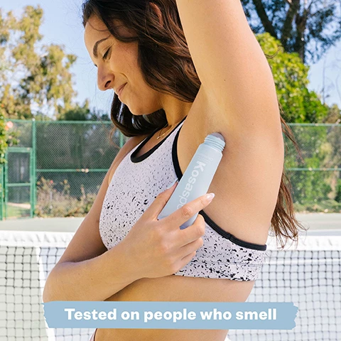 Image 1, tested on people who smell. Image 2, no aluminum, no baking soda. Image 3, lightweight serum dried fast plus won't stain. Image 4, available in serene clean, fragrance free and beachy clean. Image 5, new scent beachy clean. smells like a fresh tropical spa. notes of jasmine, orange flower, vanilla and sandalwood. Image 6, gently pinch from the bottom and apply liberally. Image 7, kosasport. skincare powered essentials that support your active lifestyle. Image 8, fights bo with AHAs, shikimic acid, mandelic acid, lactic acid.
