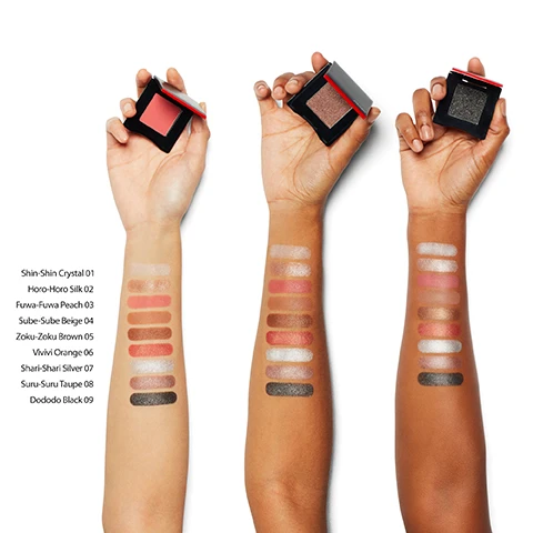 Image 1, swatches of shin shin crystal, horo-horo silk, fuwa fuwa peach, sube-sube beige, zoku-zoku brown, vivivi orange, shari-shari silver, suru suru taupe, dododo black on three different skin tones. image 2, swatches of pachi pachi lilac, waku waku pink, hara hara purple, kan kan gold, kura kura coral, bachi bachi plum, zawa zawa green, zaa zaa navy, doki doki red on three different skin tones