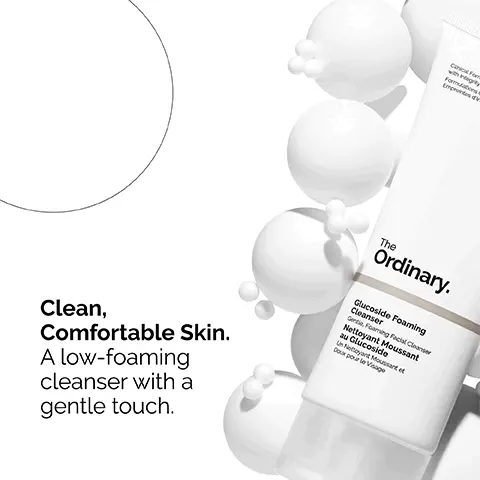 Image 1: Clean, comfortable skin. A low foaming cleanser with a gentle touch. Image 2: Our glucoside foaming cleanser increases hydration by 10% on day 1 and delivers a 21% hydration boost on day 14. Image 3: While improving the look of skin clarity- and leaving your skin supple and radiant over time. Image 4: Made with our optimized concentration of glucoside surfactants- to cleanse without drying your skin
