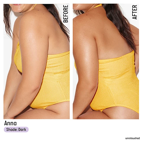 anna wears shade dark, unretouched before and after. Image 2, hydrating. firming, brightening