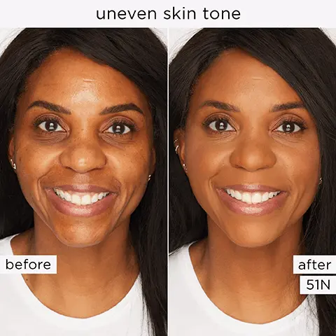 Image 1, uneven skin tone before after 51N Image 2, 16-HOUR LONGWEAR 100% Agree ✓ blurs look of pores evens skin tone ✔ skin looks smoother *based on a clinical & consumer panel study of 33 subjects forte Image 3, FREE touch-up sponge Starte