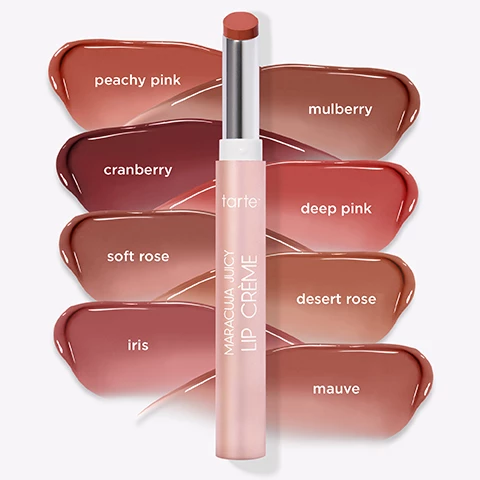 Image 1, swatches, peachy pink, mulberry, cranberry, deep pink, soft rose desert rose, iris and mauve. Image 2, juicy lips are in, maracuja, grapeseed, goji, acai, acerola, pomegrante, watermelon, stawberry, blueberry, peach, cranberry, vitamin e.