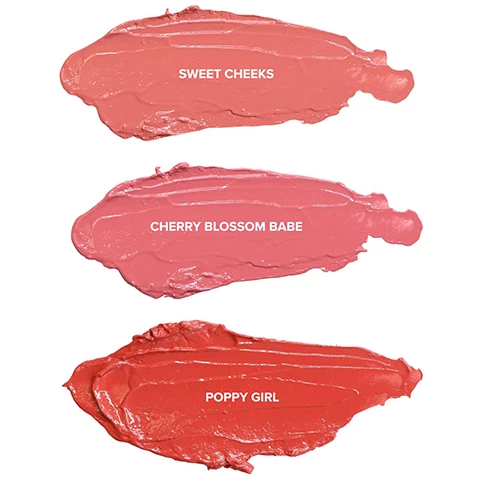 Image 1, swatches of the product, sweet cheeks, cherry blossom babe, poppy girl. Image 2, nudies bloom all over face, dewy colour shown on three models - cherry blossom babe, sweet cheeks and poppy girls. Image 3, swatches on three different skin tones, sweet cheeks, cherry blossom babe, poppy girls