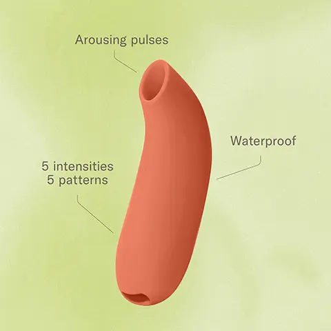 Image 1, arousing pulses, waterproof, 5 intensities, 5 patterns. Image 2, aer suction toy = scale of quietness, silent to less quiet, is on the silent side. intensity scale of not intense to intense, on the intense side.