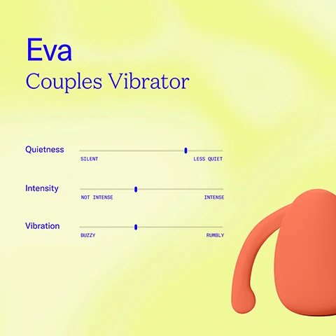 eva couples vibrator. quietness scale from silent to less quiet, on the less quiet side. intensity scale from not intense to intense, on the side of not intense. vibration scale from buzzy to rumbly, on the buzzy side