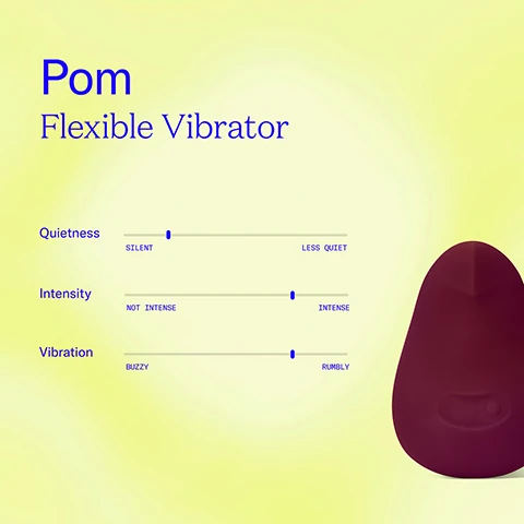 pom flexiable vibrator, quietness scale from silent to less quiet, on the silent side. intensity scale from not intense to intense, on the intense side. vibration scale from buzzy to rumbly, on the rumbly side