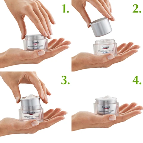 Image 1 - A series of four images showing a hand opening a jar of Eucerin Hyaluron-Filler cream with visible text indicating the steps: 1, 2, 3, and 4.
              Image 2 - Image features a bright green background with bold white text stating 90% LESS PLASTIC, and small text at the bottom that reads *CONTAINS 90% LESS PLASTIC THAN THE REGULAR HYALURON-FILLER JAR.
              Image 3 - A smooth, white cream is spread in a thick layer with labels pointing to enoxolone, glycine saponin, and hyaluronic acid.
              Image 4 - Image shows a skincare routine with three numbered products: 1. Eucerin Hyaluron-Filler Concentrate, 2. Eucerin Hyaluron-Filler Eye SPF 15, and 3. Eucerin Hyaluron-Filler Day, with the title RECOMMENDED ROUTINE at the top.
              Image 5 - A hand holds a skincare cream jar with a silver lid, accompanied by text listing key benefits: fills wrinkles, stimulates skin regeneration, defends against skin degradation.