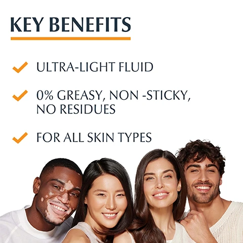 Image 1, key beenfits - ultra light fluid, 0% greasy, non sticky, no residues, for all skin types. image 2, for all skin types, ultra light texture, UVA/UVB protection. image 3, 96% confirm does not leave a sticky film on skin, product in use test with 160 volunteers between 18 and 40. image 4, glycyrhetinic acid, hyaloronic acid and NMFs, licochalcone A. image 5, recommended routine. moisture booster, sun face hydro protect, sun body dry touch.