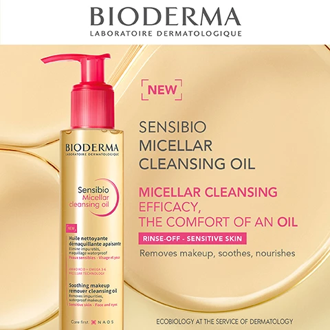 Image 1, new sensibio micellar cleansing oil, micellar cleansing efficacy the comofort of an oil. rinse off - sensitive skin. removes makeup, soothes and nourishes. ecobiology at the service of dermatology. image 2, sensibio micellar cleansing oil - a unique sensorial experience. apply and massage on dry skin - light fluid texture. emulsify with tepid water oil to milk transformation texture. rinse thoroughly non greasy finish, clear sight.
