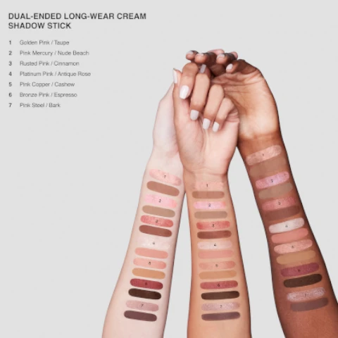 dual ended long wear cream shadow stick swatches on three different skin tones. 1 = golden pink and taupe, pink mercury and nude beach, rusted pink and cinnamon, platinum pink and antique rose, pink copper and cashew, bronze pink and espresso, pink steel and bark.