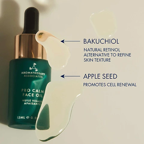 Image 1, bakuchiol natural retinol alternative to refine skin texture. apple seed, promotes cell renewal. Image 2, 92% said their skin felt soothed and calmed, this oil has become a holy grail product for me, have even been asked if i've had work done. based on an independent user trial of 52 women.
