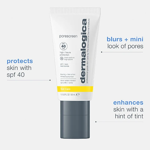 Image 1, protects skin with SPF 40. blurs and mini look of pores. enhance skin with a hint of tint. image 2, zinc oxide = protects against UVA and UVB rays. niacinamide = helps reduce sebum oil and improves appearance of pores. prebiotics blend = helps balance skin's microbiome. image 3, protect against UVA + UVB rays. blur support healthy looking pores. enhance hint of tine and sheer finish. before and after porescreen.