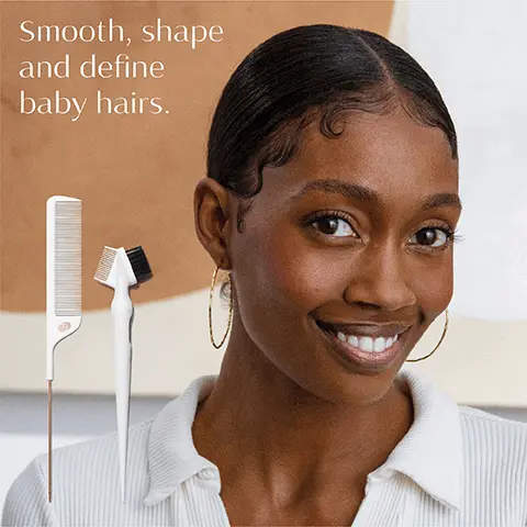 Image 1, Smooth, shape and define baby hairs. Image 2, Backcomb to boost volume. Image 3, pintail comb: gather, smooth and create clean sections. Image 4, Teasing Brush: Smooth flyaways or backcomb for big-time volume. Image 5, Double-sided edge brush: Flexible teeth smooth and separate baby hairs. Premium vegan boar bristles swoop, shape, and perfectly apply product. Image 6, part and section strands: With pointed or tapered ends. Image 7,T3 detail set, Three piece brush set for detailed styling: Step 1: Section/part with the pintail comb. Step 2: lay edges with the edge brush. Step 3: Smooth with the teasing brush. Step 4: Final look.