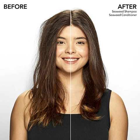Image 1 - A woman with wavy hair smiles, showcasing the left side with dry, frizzy hair labeled BEFORE and the right side with smooth, shiny hair labeled AFTER, with text reading Seaweed Shampoo and Seaweed Conditioner on the right.
              Image 2 - A bottle of Bumble and bumble Seaweed Shampoo is placed against a light green background, featuring text that states SEAWEED SHAMPOO infused with royal sugar kelp, Pacific sea kelp, and green microalgae and 91% SHOWED IMPROVED SCALP HYDRATION*; the bottle is labeled as 8.5 FL OZ and mentions gentle cleansing for refreshing hair and balancing scalp moisture.
              Image 3 - Image of a green background with text highlighting a seaweed product collection, stating MINDFULLY CRAFTED SEAWEED COLLECTION, followed by INFUSED WITH ROYAL SUGAR KELP, PACIFIC SEA KELP, GREEN MICROALGAE, and includes icons with the text 93%+ NATURALLY DERIVED INGREDIENTS*, VEGAN, 100% RECYCLED PACKAGING.
              Image 4 - A green bottle of Bumble and bumble Seaweed Shampoo is displayed on a light green background, with icons around it illustrating its features: gentle, lightweight, adds shine, hydrates, color-safe, free of sulfate cleansers, and non-stripping; the bottle label states Bumble and bumble Bb. seaweed SHAMPOO infused with a trio of nutrient-rich seaweeds and includes a description of its benefits.
