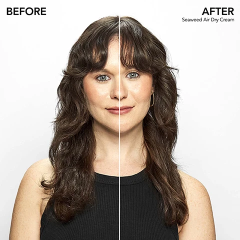 Image 1 - A woman with wavy hair is shown before and after using Seaweed Air Dry Cream, with the left side labeled BEFORE and the right side labeled AFTER.
              Image 2 - A woman with long, dark hair is shown in a split image with the left side labeled BEFORE showing her straight hair and the right side labeled AFTER showing her hair styled in loose waves, with the text Seaweed Air Dry Cream visible on the right.
              Image 3 - A green tube of Bumble and bumble Seaweed Air Dry Cream is displayed; the text on the tube reads that it is infused with royal sugar kelp, Pacific sea kelp, and green microalgae, while the surrounding text highlights 2X FRIZZ REDUCTION INSTANTLY + ALL DAY.
              Image 4 - Image of a promotional graphic for a seaweed product collection, featuring the title MINDFULLY CRAFTED SEAWEED COLLECTION, with a list of ingredients including ROYAL SUGAR KELP, PACIFIC SEA KELP, and GREEN MICROALGAE, along with icons indicating 93%+ NATURALLY DERIVED INGREDIENTS, VEGAN, and 100% RECYCLED PACKAGING.
              Image 5 - A light green tube of Bumble and bumble Bb. Seaweed Air Dry Cream with icons representing benefits including scalp care, de-frizzes, heat protective, holds, lightweight, softens, hydrates, detangles, and smoothes, alongside the product description.