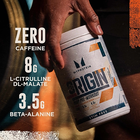 A hand is holding a container labeled Myprotein Origin Pump Pre-Workout with visible text stating ZERO caffeine, 8g L-Citrulline DL-Malate, and 3.5g Beta-Alanine.