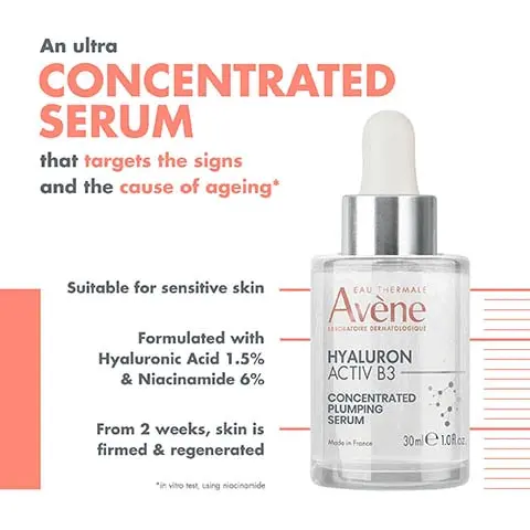 Image 1, an ultra concentrated serum that targets the signs and the cause of aging, suitable for sensitive skin, formulated with hyluaronic acid 1.5% and niaicinamide 6% and from 2 weeks skin is firmed and regenerated. Image 2, at the end of the day the skin is smoother, replumed and firmer. Image 3, A strong combination of active ingredients, NIACINAMIDE: Longevity booster Lastingly regenerates the skin. Improves the skin's elasticity. LOW WEIGHT HYALURONIC ACID: Moisturising and plumping Firms, plumps and fills in wrinkles. HIGH WEIGHT HYALURONIC ACID: Smoothing Moisturises and smoothes the skin. Intensely hydrates.Image 4, light texture on greasy and non silky texture. Image 5, soothe avene thermal spring water spray, boost hyaluron activ B3 concentrated plumping serum, correct hyaluron active B3 triple correction eye cream, regenerate hyaluronic activ B3 cell renewal cream