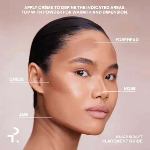 Image 1: Apply crème to define the indicated areas. Top with powder for warmth and dimension on forehead,cheek,jaw and nose. Major sculpt placement guide model shot. Image 2: The powder wars and illuminates the skin, the crème naturally shapes and defines. Major sculpt crème contour and powder bronzer duo