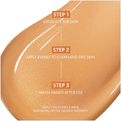step 1 = exfoliate the skin. step 2 = apply evenly to clean and dry skin. step 3 = wash hands after use. apply 1 to 3 times a week depending on the desired intensity.