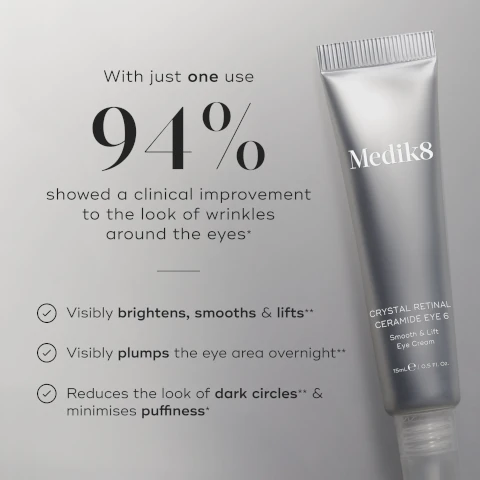 With just one use 94% showed a clinical imrpovement to the look of wrinkles around the eyes*. visibly brightens, smooths and lifts**. visibly plumps the eye area overnight**. reduces the look of dark circles and minimises puffiness.