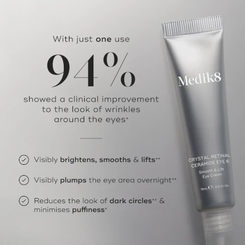 image 1, With just one use 94% showed a clinical imrpovement to the look of wrinkles around the eyes*. visibly brightens, smooths and lifts**. visibly plumps the eye area overnight**. reduces the look of dark circles and minimises puffiness. image 2, marie claire skin awards winner 2023