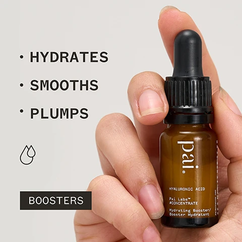 Image 1 - A person holds a brown dropper bottle labeled Pai Hyaluronic Acid with the words HYDRATES, SMOOTHS, and PLUMPS listed beside it, along with a BOOSTERS label at the bottom.
              Image 2 - A person holds a small brown bottle of facial serum with a dropper while looking to the side, accompanied by text that reads FANTASTIC TEXTURE, SOOTHING AND LOCKS IN MOISTURE. A MUST-HAVE! followed by TAMARA H and various certification logos.