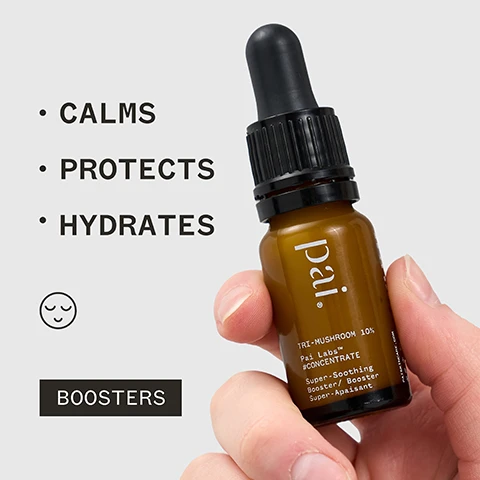 Image 1 - A person is holding a brown bottle of skincare concentrate with a dropper cap, featuring the text CALMS, PROTECTS, HYDRATES, along with the brand name Pai and the product identifier TRI-MUSHROOM 10% Pai Laitrate Concentrate, while a smiley face icon and the word BOOSTERS are also visible.
              Image 2 - A close-up of a person holding a small brown bottle of skincare oil near their neck, with visible text stating soothing, calming and restores my skin to peace, Miriam T, along with various certification logos.