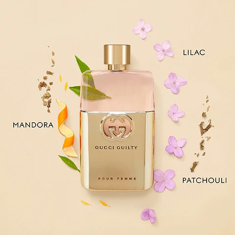 Image 3 - A Gucci Guilty Pour Femme perfume bottle is centered in the image surrounded by ingredients including orange peel, leaves, purple flowers, and dry plant material with text labels MANDORA, LILAC, and PATCHOULI. Image 6 - Four Gucci Guilty perfume bottles in different colors with surrounding flowers, an orange slice, and dark beans are shown with text reading GUCCI GUILTY EAU DE TOILETTE POUR FEMME, GUCCI GUILTY POUR FEMME, GUCCI GUILTY INTENSE POUR FEMME, GUCCI GUILTY ELIXIR DE PARFUM POUR FEMME, EAU DE TOILETTE, EAU DE PARFUM, EAU DE PARFUM INTENSE, ELIXIR DE PARFUM, INTENSITY.