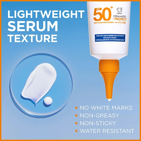 Image 1 - Image shows a small circular pool of a lightweight, creamy serum on a blue background next to a tube of sunscreen with text highlighting its features, including SPF 50, very high protection, and notes that it is non-greasy, non-sticky, and water resistant.
              Image 2 - A person applying a tube of sunscreen labeled Sensitive advanced serum with SPF 50, shown against a blue background, with text highlighting targeted application on delicate and sensitive areas like hairline, ears, nose, shoulders, tattoos, scars, knees, and feet.
              Image 3 - An image of a sunscreen bottle labeled Garnier Ambre Solaire Sensitive Advanced Serum with a white cap, held by a person wearing a white coat, featuring text highlighting it is dermatologically tested, hypoallergenic, non-comedogenic, fragrance-free, suitable for sensitive, sun-allergic, and reactive skin, and includes logos for cruelty-free and vegan certifications.
              Image 4 - A sunscreen bottle with an orange twist applicator cap, featuring text that reads ON/OFF TWIST APPLICATOR NO PLASTIC LID, with additional instructions stating APPLY BEFORE SUN EXPOSURE, RE-APPLY FREQUENTLY, and FOR FACE & BODY.
              Image 5 - An image featuring a blue honeycomb pattern with the text POWERED BY CERAMIDE PROTECT at the top, and below that, VERY HIGH PROTECTION UVB + UVA alongside + SKIN BARRIER PROTECTION.
              Image 6 - A woman and a child are shown smiling at each other, indicating a nurturing moment, alongside a tube of Garnier Ambre Solaire Sensitive Advanced Serum with the text Advanced Protection, Instant Skin Barrier Protection, and 50.
              Image 7 - Three sunscreen products are displayed on a light background: a bottle of Sensitive Advanced Spray with a green cap and the text Sensitive Advanced Spray with Ceramide Protect, a white tube of Invisible Serum Super UV with the text Invisible Serum Super UV Daily Face Protection, and a small white bottle of Sensitive Advanced Body Serum with the text Sensitive Advanced Body Serum Overexposed Areas.
              Image 8 - An infographic for Garnier Ambre Solaire highlighting a strict formulation charter, featuring icons and text that indicate key features: very high protection (50+), protection against UVB, UVA, and long UVA, quick-dry formula, transparent finish on skin, hypoallergenic, no fragrance, non-sticky and non-greasy, water-resistant, and tested under dermatological control, along with a Cruelty Free International logo.