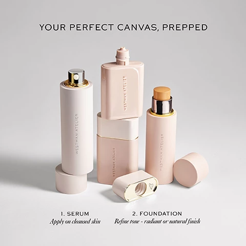 Image 1, your perfect canvas, prepped. 1 serum, apply on cleansed skin, 2 foundation, refine tone - radiant or natural finish. Image 2, serum vs refill. Image 3, recylable and refillable. reusable pump, glass refill, reusable packaging. remove and reuse pump for refills, rinse glass inserts and recycle.
