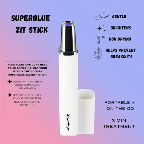 superblue zit stick. gentle, brightens, non drying, helps prevent breakouts. acne flare ups don't need to be annoying. zap your sits on the go with superblue blemish stick. red 620 +/- 10nm helps reduce redness and inflammation. blue 420 +/- nm kills acne causing bacteria, reduce oiliness and breakouts. portable and on the go - 3 minute treatment.